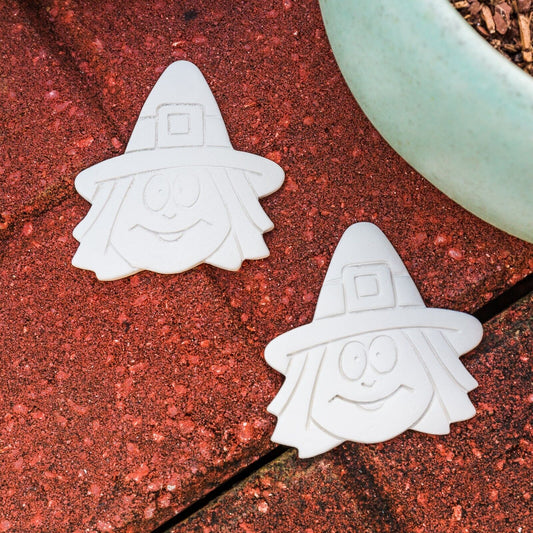 (2x) Halloween Witch Tiles 2.7" Ceramic Bisque Pottery
