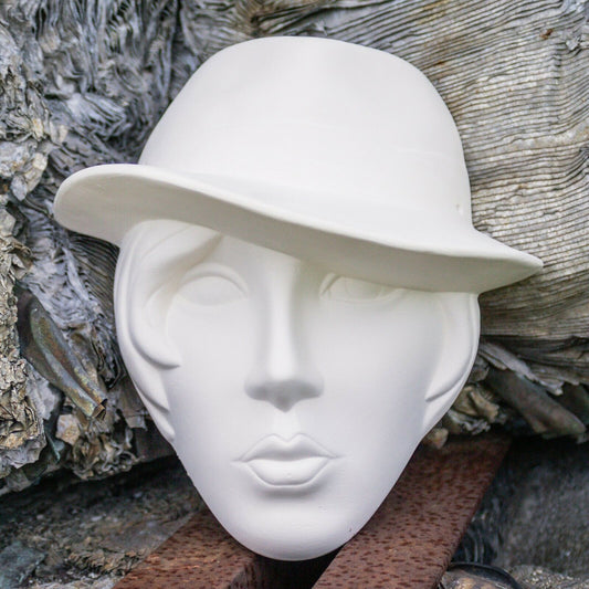 Fedora Hat Girl Mask 8" Ceramic Bisque Ready To Paint Pottery