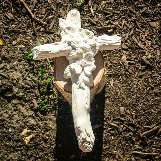 Flower Wood Cross Religious 11x7" Ceramic Bisque Ready To Paint Pottery