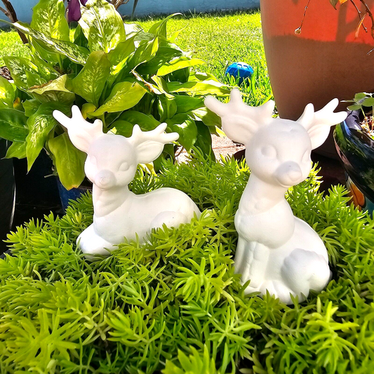 Two Christmas Plush Reindeer 4" Ceramic Bisque Ready To Paint Pottery