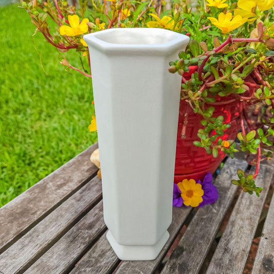 Long Hexagonal Vase 9" Ceramic Bisque Ready To Paint Pottery