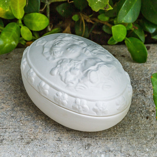 Victorian Egg Girl Oval Box 4" Ceramic Bisque Ready To Paint Pottery