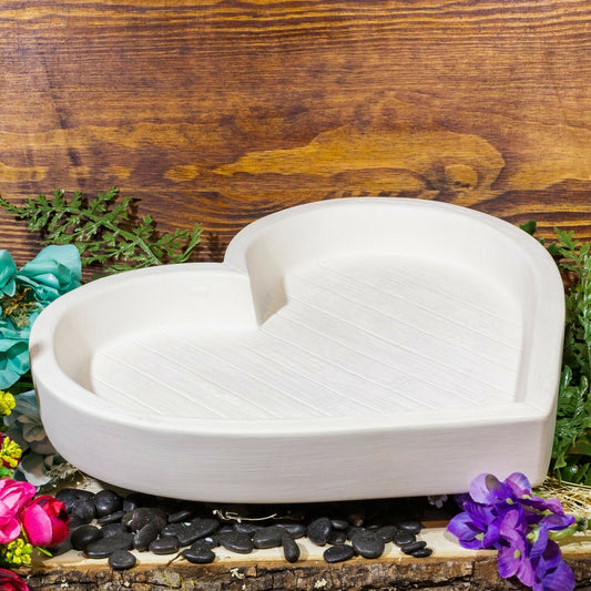 Giant Heart Wood-Like Plate 10.5" Ceramic Bisque Ready To Paint Pottery
