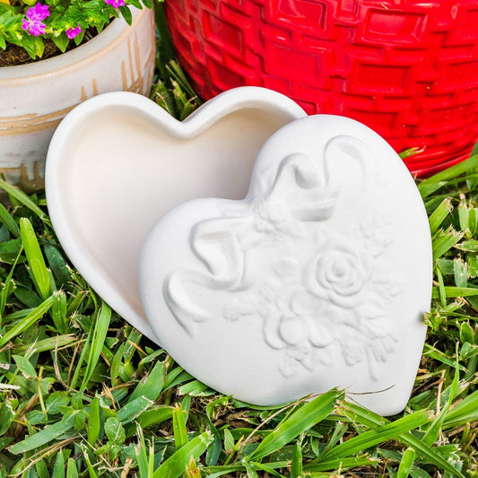 Heart Rose Jewelry Box 4.75" Ceramic Bisque Ready To Paint Pottery