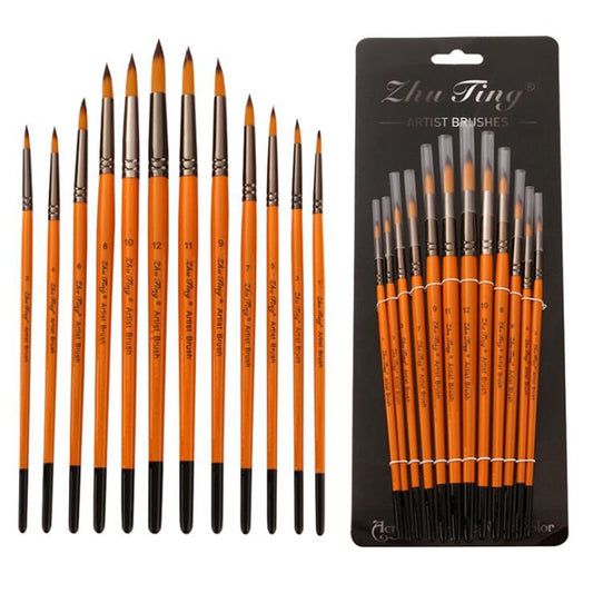 (12x) Round Tip Nylon Paint Brushes with Wooden Handles