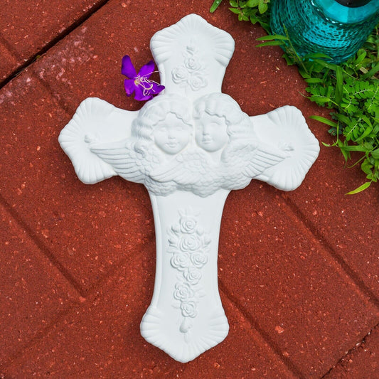 Twin Angel Cross 12.5" Ceramic Bisque Ready To Paint Pottery