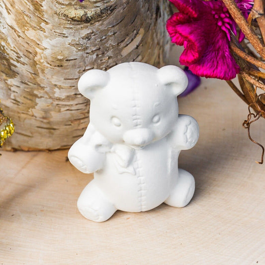 Small Teddy Bear Plush With Bow 2.5" Ceramic Bisque Ready To Paint