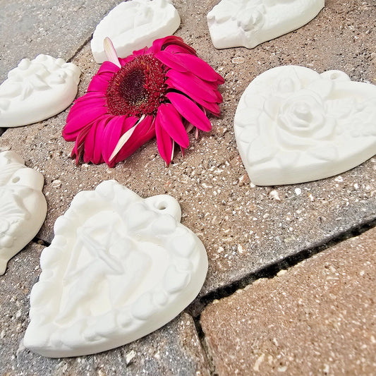 Six Valentines Heart Charms Ornaments 2.7" Ceramic Bisque Ready To Paint Pottery