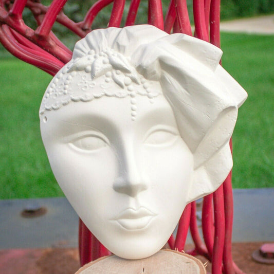 Fancy Headdress Girl Mask 7.5" Ceramic Bisque Ready To Paint Pottery