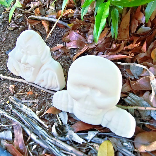 Dracula and Skeleton on Ledge Set 4.25" Ceramic Bisque Ready To Paint Pottery