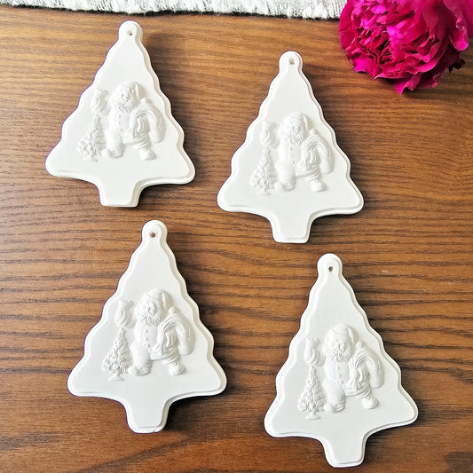 Four Santa Christmas Tree Ornaments 3.8" Ceramic Bisque Ready To Paint Pottery