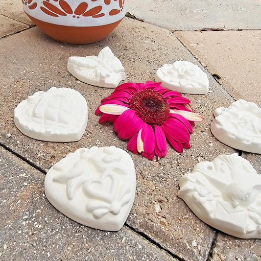 Six Valentines Heart Charms Ornaments 2.7" Ceramic Bisque Ready To Paint Pottery