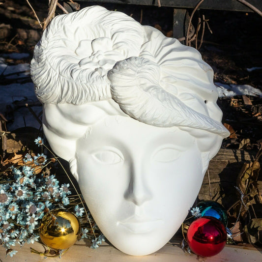 Lady Mask Flowers Feathers 9x7" Ceramic Bisque Ready To Paint Pottery