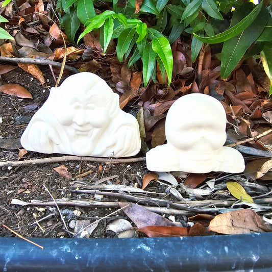 Dracula and Skeleton on Ledge Set 4.25" Ceramic Bisque Ready To Paint Pottery