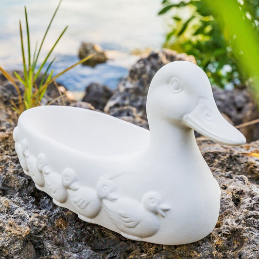 Mother Duck Baby Ducklings Soap Dish 7.7" Ceramic Bisque Ready To Paint Pottery