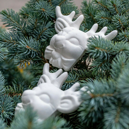 (2X) Christmas Reindeer Plush Head 4.5" Ceramic Bisque Ready To Paint Pottery