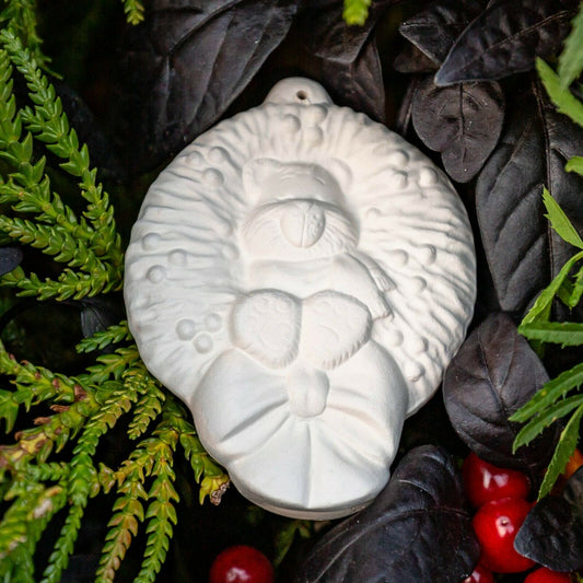 Christmas Wreath Bear Tree Ornament 3.5" Ceramic Bisque Ready To Paint Pottery