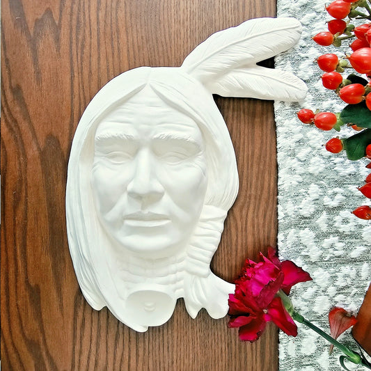 Mask Native American With Two Feathers 11" Ceramic Bisque Ready To Paint Pottery
