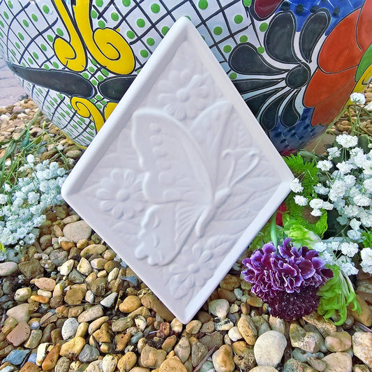 Butterfly and Flowers Diamond Tile 7.8" Ceramic Bisque Ready To Paint Pottery