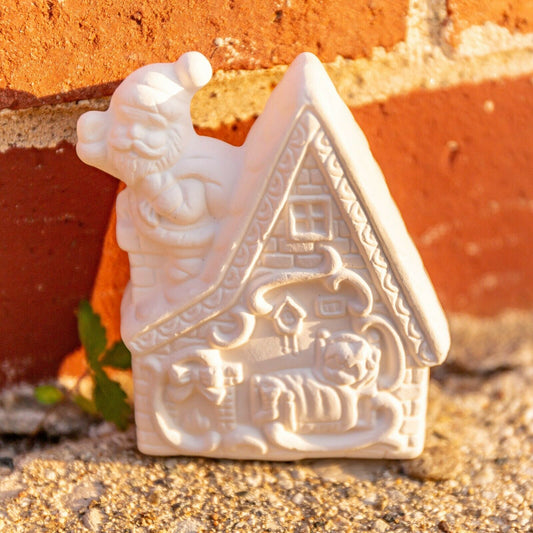 Christmas Santa On House Roof 3.3" Ceramic Bisque Ready To Paint Pottery