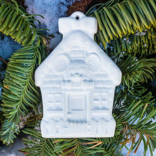 Mouse In House Christmas Ornament 3" Ceramic Bisque Ready To Paint Pottery
