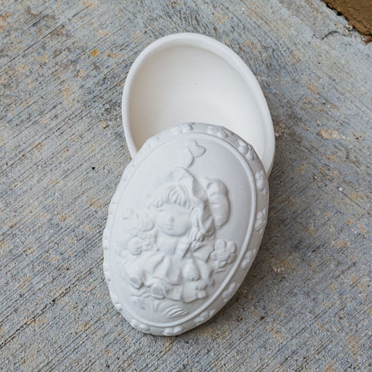 Victorian Egg Girl Oval Box 4" Ceramic Bisque Ready To Paint Pottery