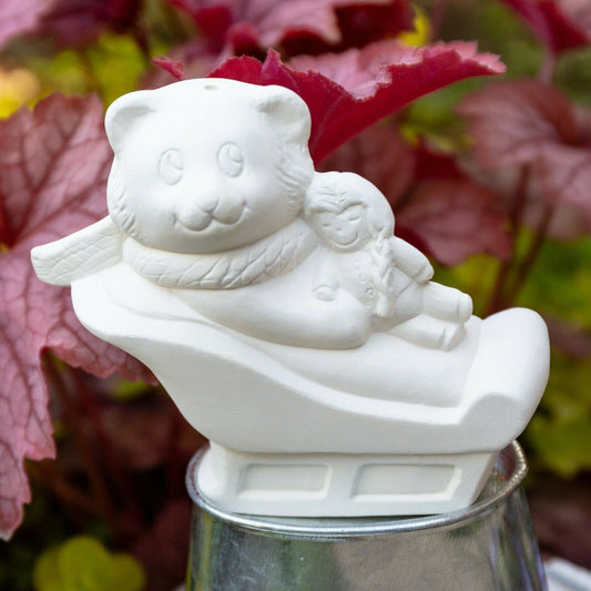 Christmas Bear On Sleigh 4" Ceramic Bisque Ready To Paint Pottery