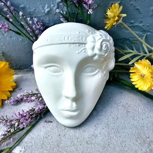 Mask Girl with Flower 6.7" Ceramic Bisque Ready To Paint Pottery