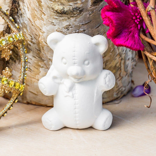 Small Teddy Bear Plush With Bow 2.5" Ceramic Bisque Ready To Paint