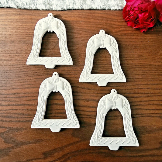 Four Bells Christmas Tree Ornaments 3.7" Ceramic Bisque Ready To Paint Pottery