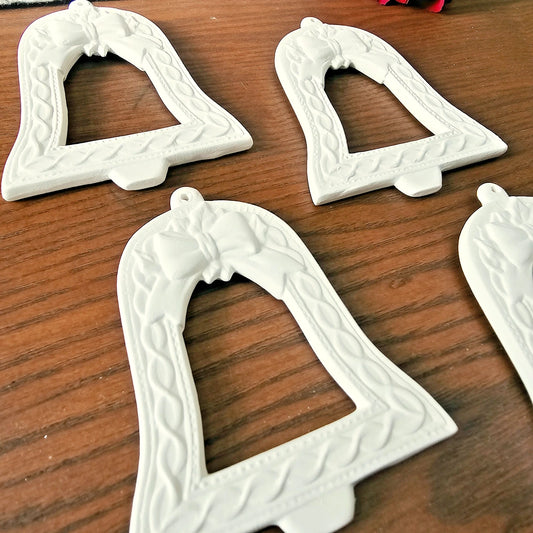 Four Bells Christmas Tree Ornaments 3.7" Ceramic Bisque Ready To Paint Pottery