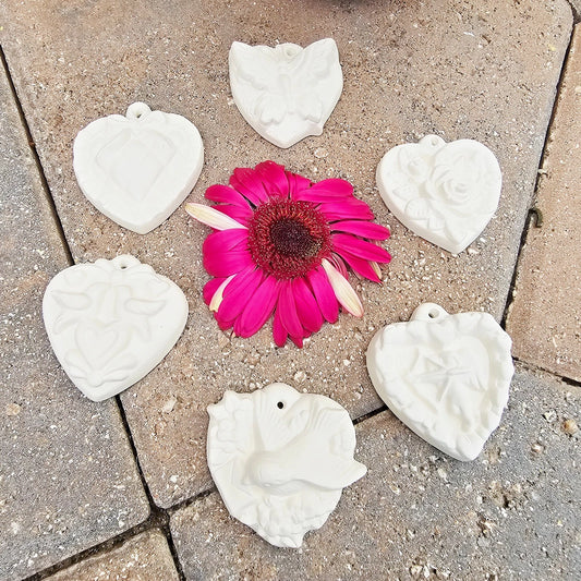 Six Valentines Heart Charms Ornaments 2.7" Ceramic Bisque Ready To Paint Pottery