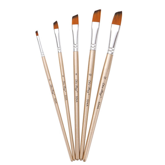 (5x) Nylon Angled Paint Brushes Wooden Handle